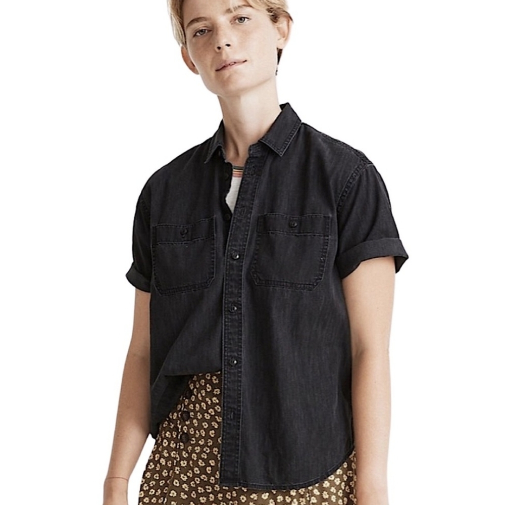 MADEWELL Denim Oversized Ex-Boyfriend Shirt in Lunar Black XXSmall Womens MA666